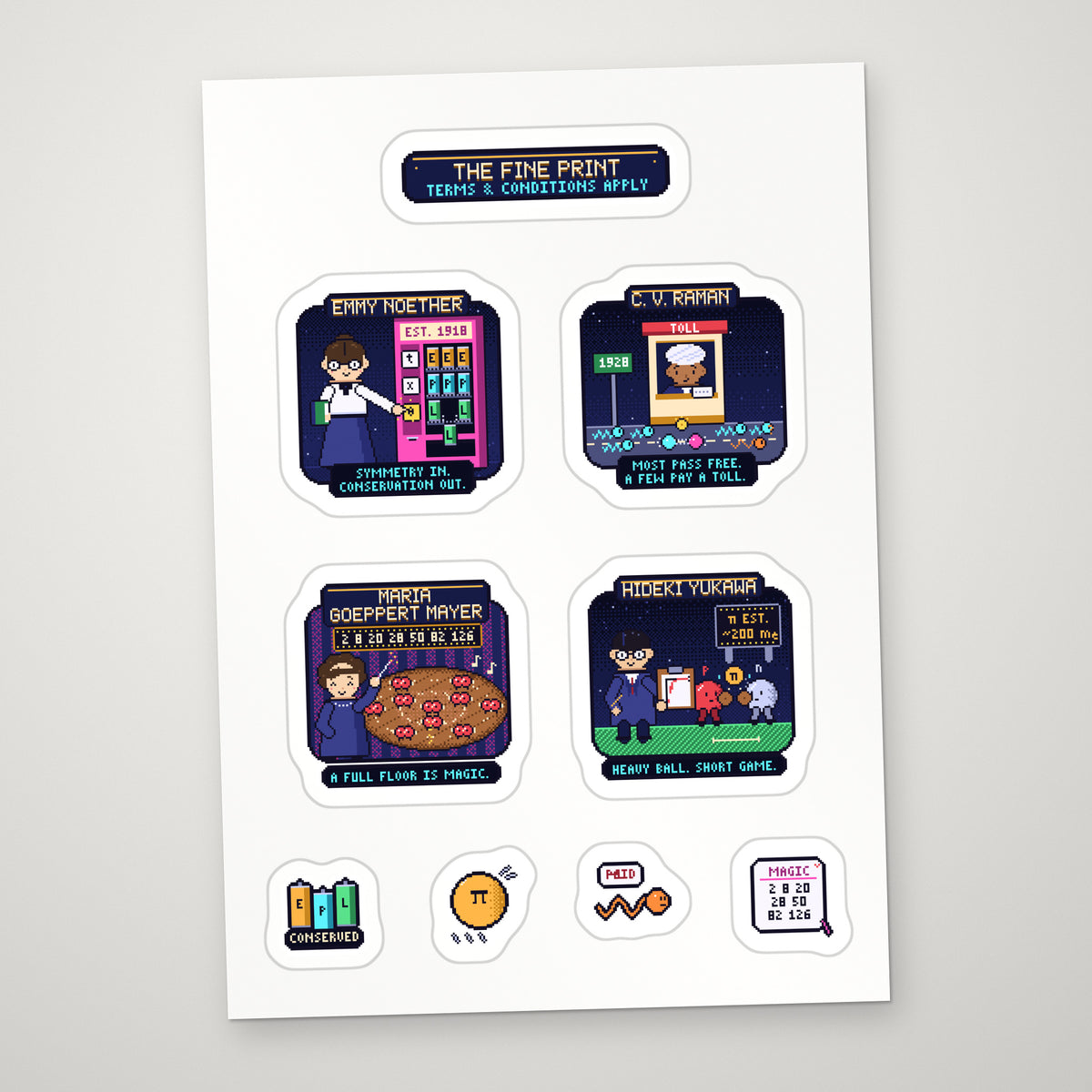 The Fine Print sticker sheet: pixel-art Noether, Raman, Goeppert Mayer and Yukawa stickers with props on a white A5 sheet