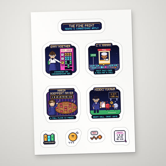The Fine Print sticker sheet: pixel-art Noether, Raman, Goeppert Mayer and Yukawa stickers with props on a white A5 sheet