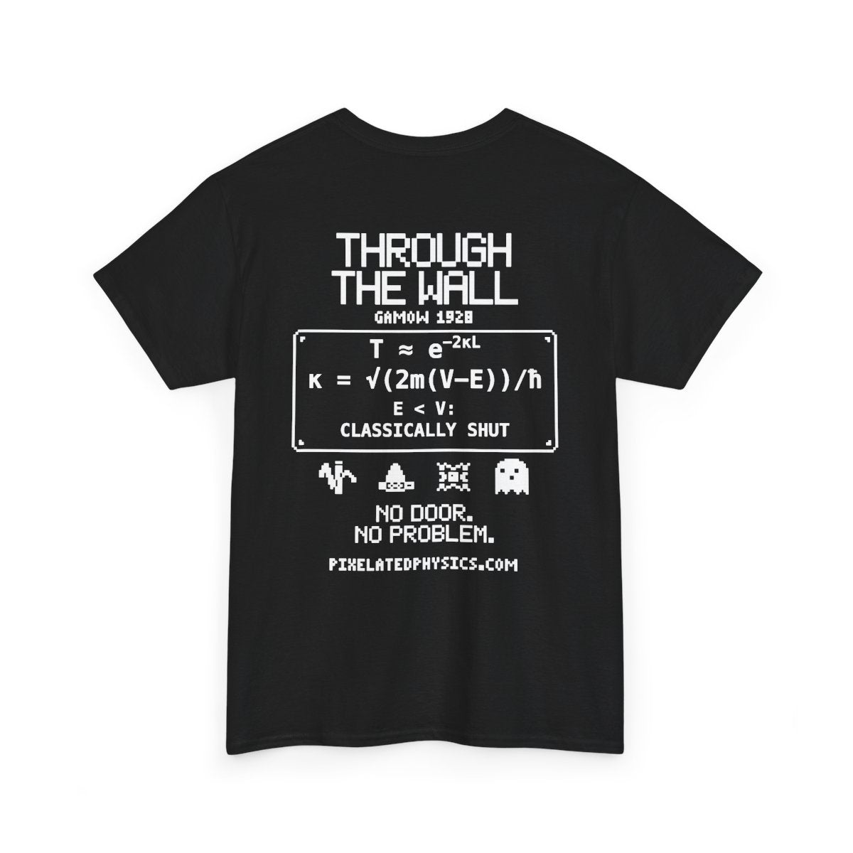 Back of ForceShift tee: Weak Nuclear Force on a black shirt, white ink