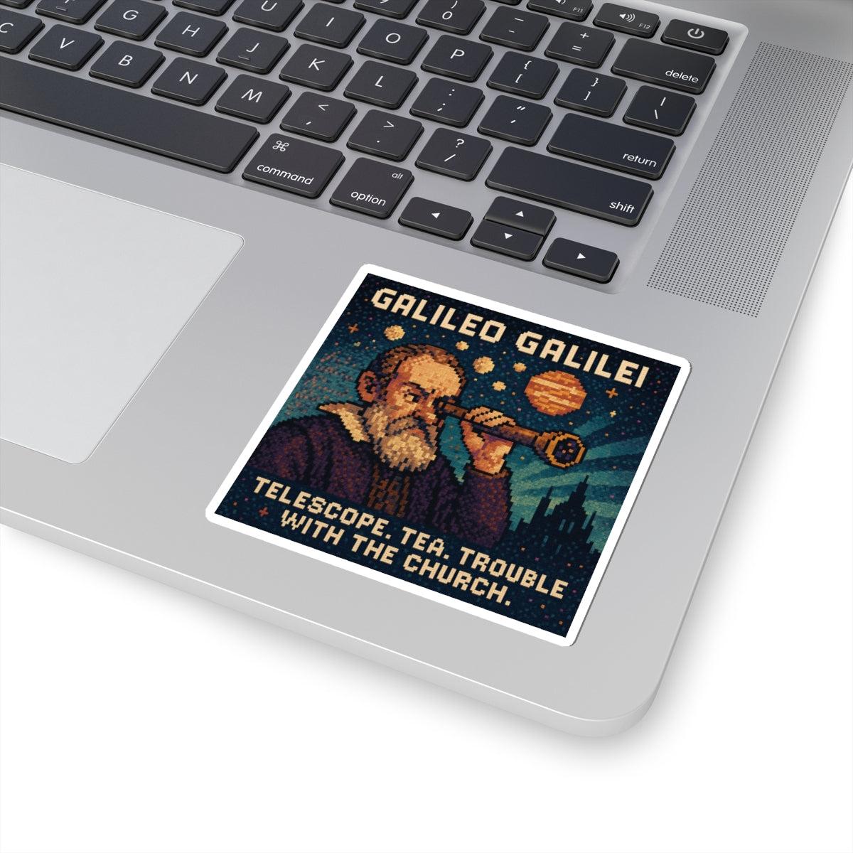 Galileo Galilei pixel-art physics sticker on a laptop
