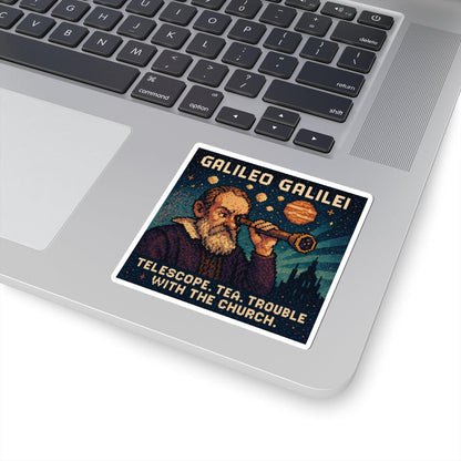 Galileo Galilei pixel-art physics sticker on a laptop