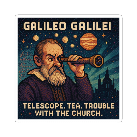 Galileo Galilei pixel-art physics sticker – telescope astronomy