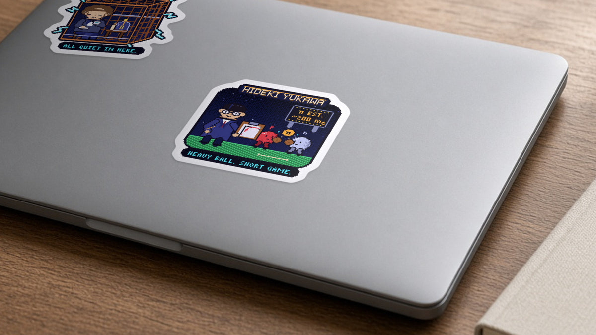 Hideki Yukawa pixel-art physics sticker on a laptop