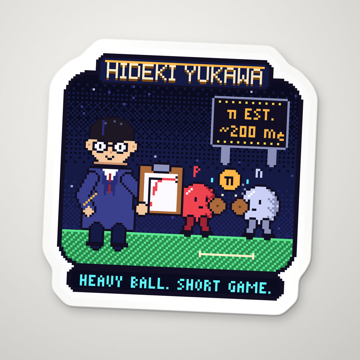 Hideki Yukawa pixel-art physics sticker – the nuclear force and the meson
