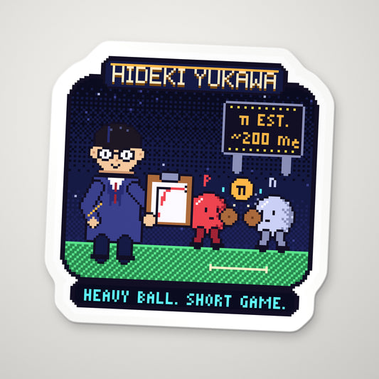 Hideki Yukawa pixel-art physics sticker – the nuclear force and the meson