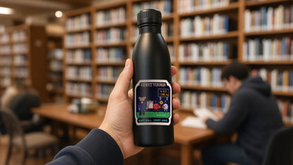 Hideki Yukawa pixel-art physics sticker on a water bottle
