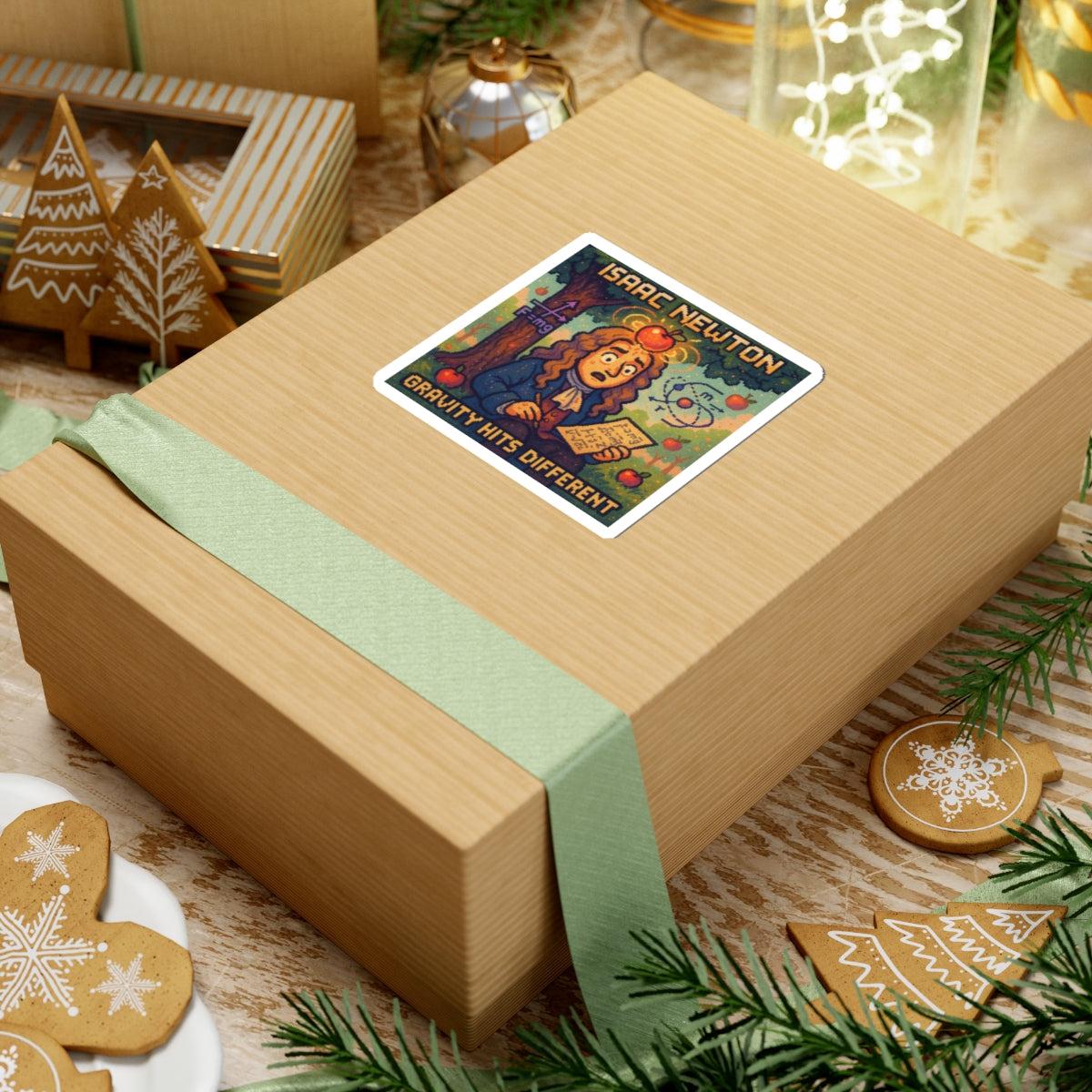 Isaac Newton pixel-art physics sticker on a cardboard box