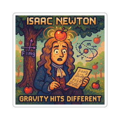 Isaac Newton pixel-art physics sticker – gravity