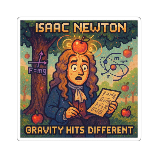 Isaac Newton pixel-art physics sticker – gravity