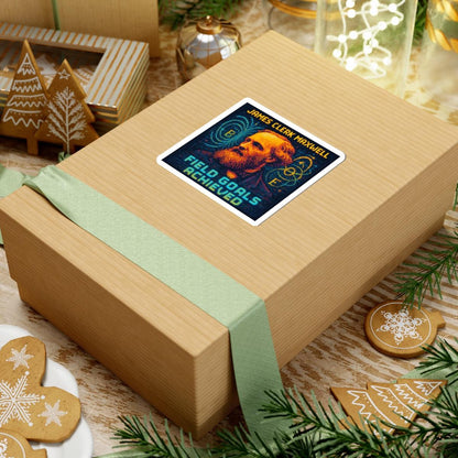 James Clerk Maxwell pixel-art physics sticker on a cardboard box