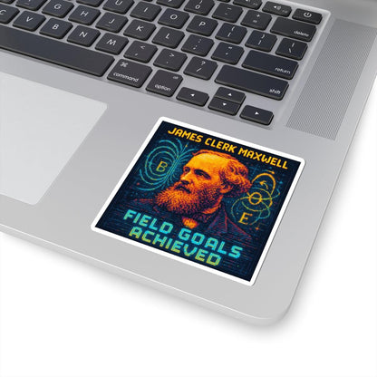James Clerk Maxwell pixel-art physics sticker on a laptop