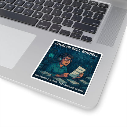 Jocelyn Bell Burnell pixel-art physics sticker on a laptop