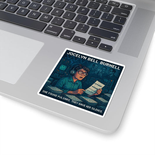 Jocelyn Bell Burnell pixel-art physics sticker on a laptop