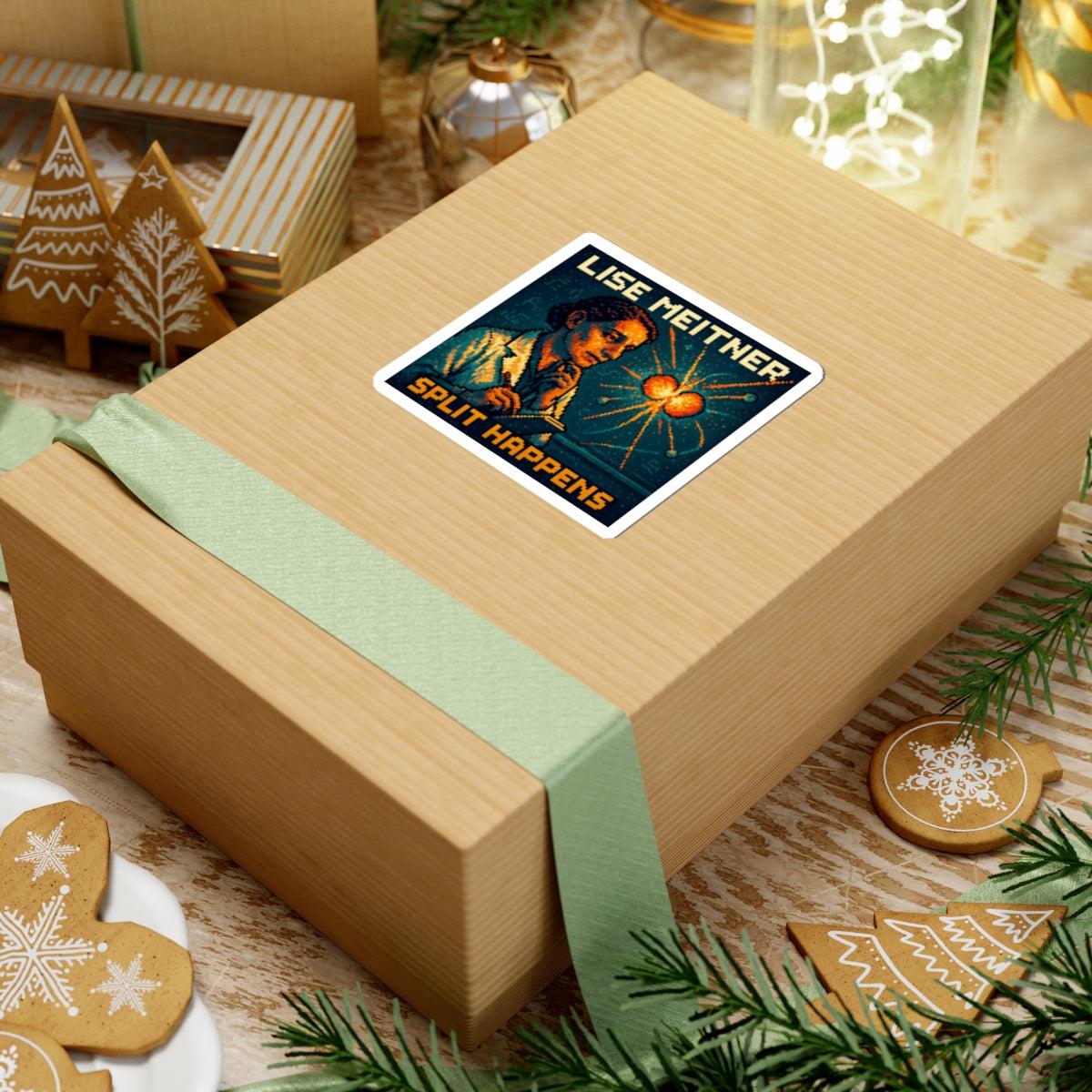 Lise Meitner pixel-art physics sticker on a cardboard box