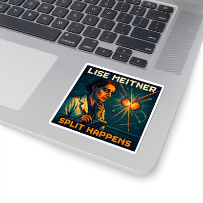 Lise Meitner pixel-art physics sticker on a laptop