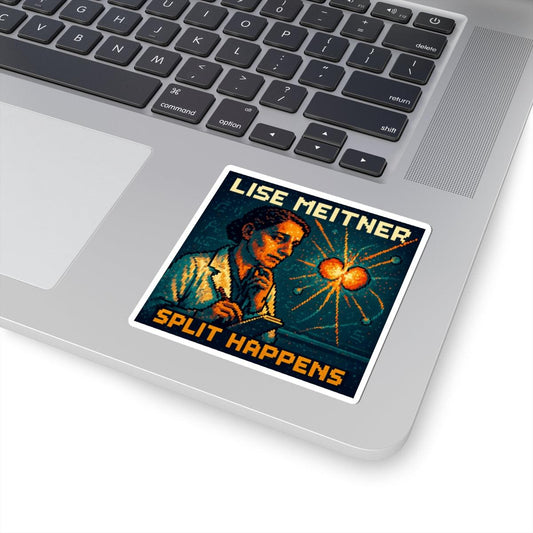 Lise Meitner pixel-art physics sticker on a laptop
