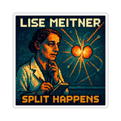 Lise Meitner pixel-art physics sticker – nuclear fission