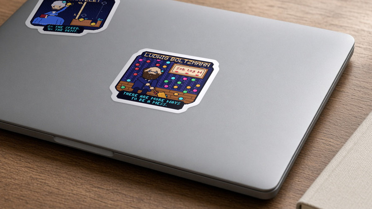 Ludwig Boltzmann pixel-art physics sticker on a laptop
