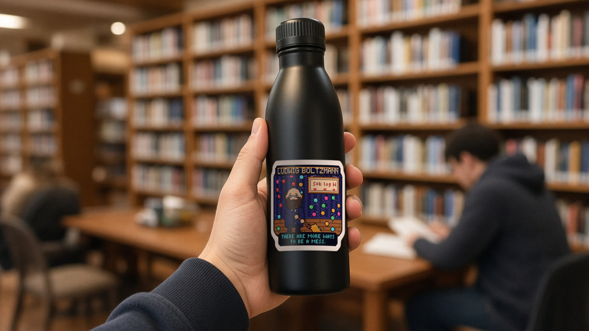 Ludwig Boltzmann pixel-art physics sticker on a water bottle