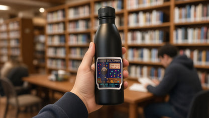 Ludwig Boltzmann pixel-art physics sticker on a water bottle