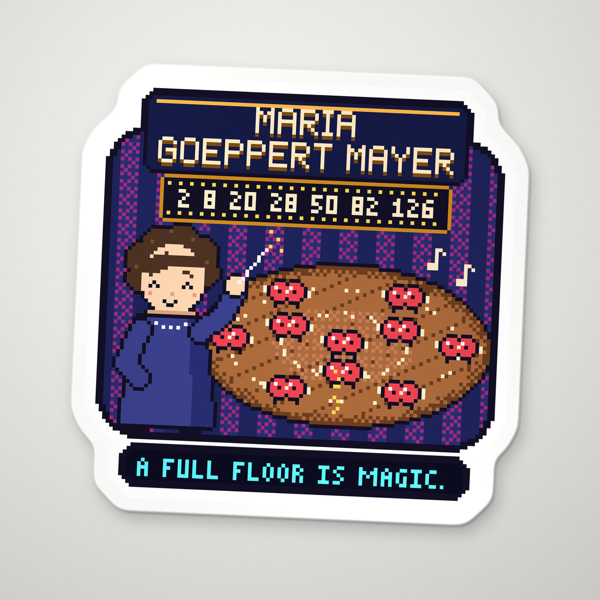 Maria Goeppert Mayer pixel-art physics sticker – the nuclear shell model