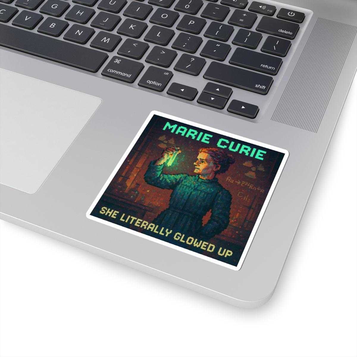 Marie Curie pixel-art physics sticker on a laptop