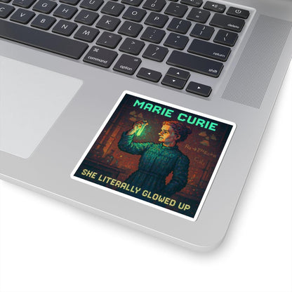 Marie Curie pixel-art physics sticker on a laptop