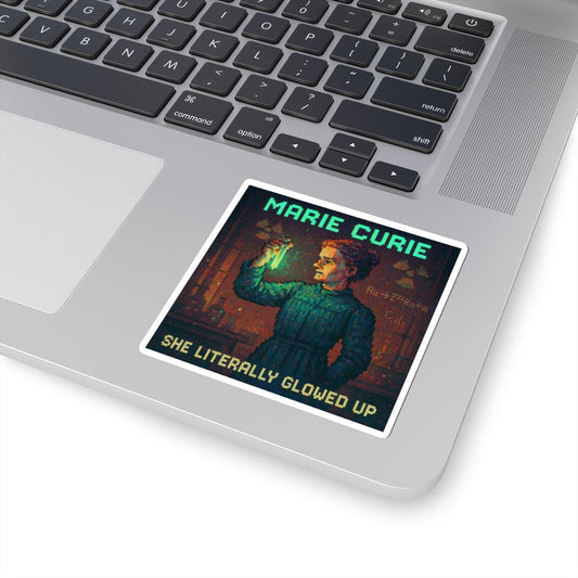 Marie Curie pixel-art physics sticker on a laptop