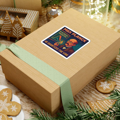 Max Planck pixel-art physics sticker on a cardboard box