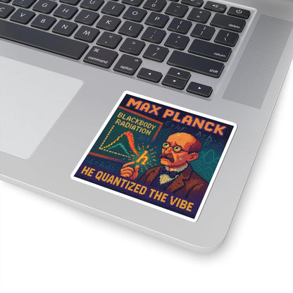 Max Planck pixel-art physics sticker on a laptop