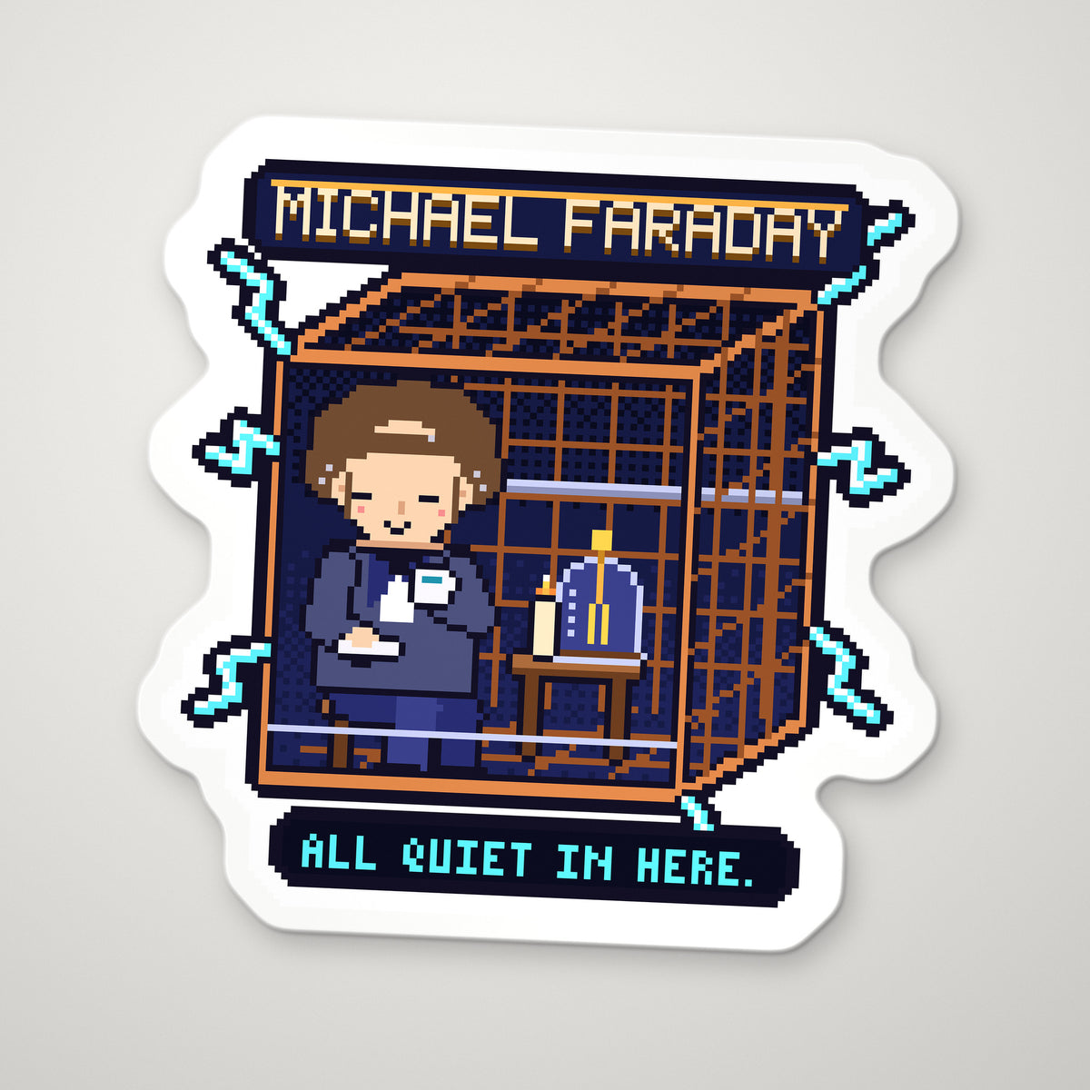 Michael Faraday pixel-art physics sticker – the Faraday cage