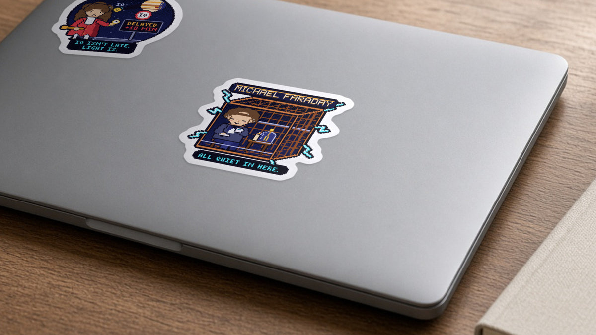 Michael Faraday pixel-art physics sticker on a laptop