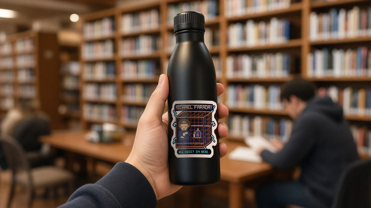 Michael Faraday pixel-art physics sticker on a water bottle