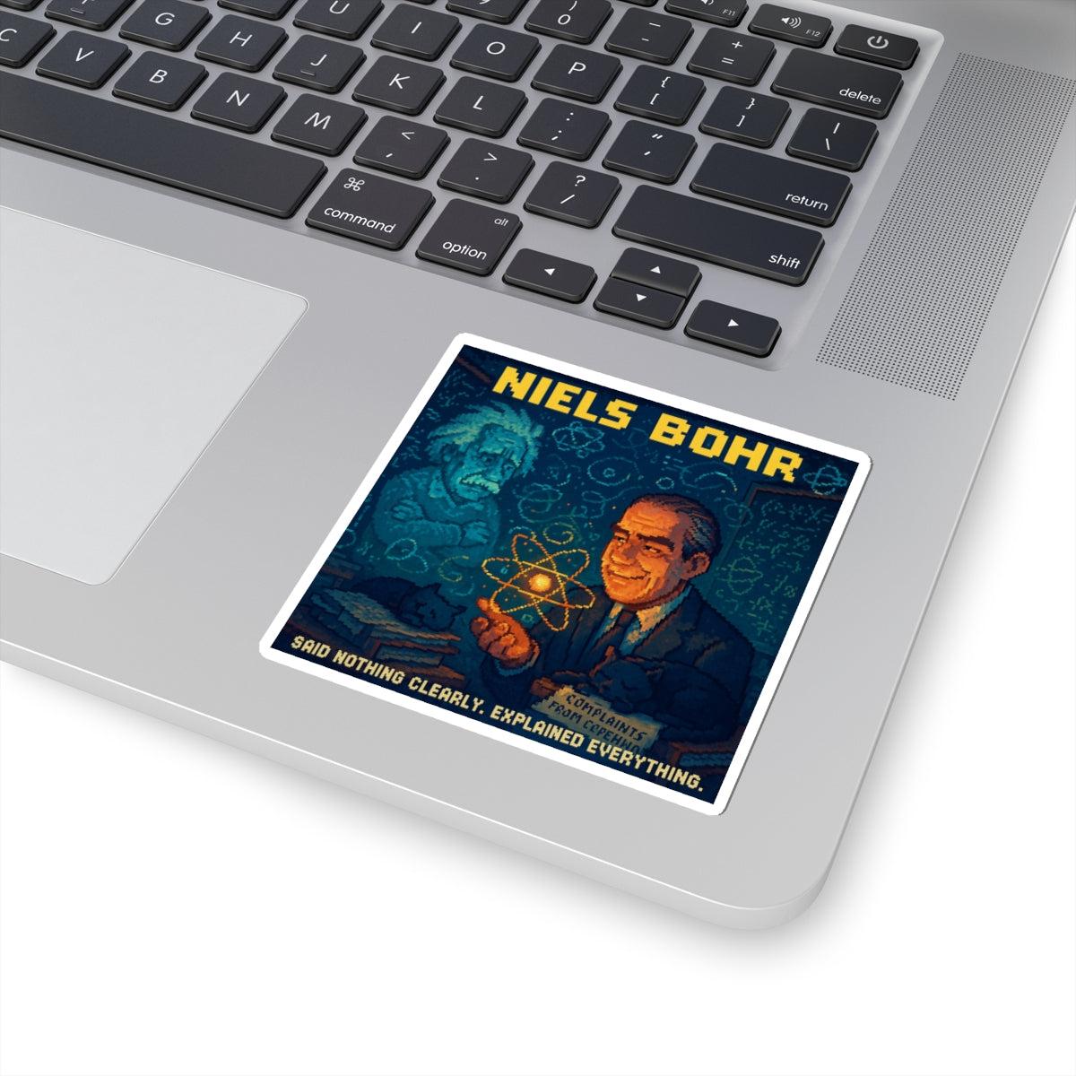 Niels Bohr pixel-art physics sticker on a laptop