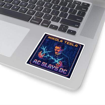 Nikola Tesla pixel-art physics sticker on a laptop