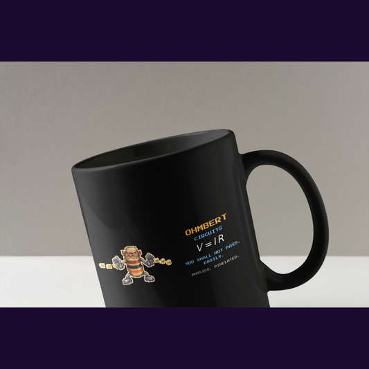 Ohmbert physics mug, close-up