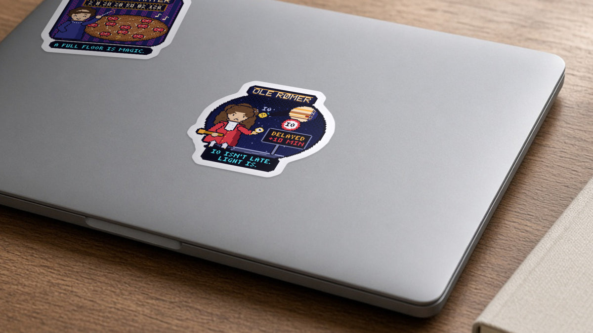 Ole Rømer pixel-art physics sticker on a laptop