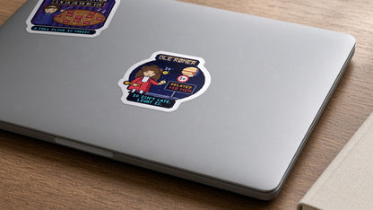 Ole Rømer pixel-art physics sticker on a laptop