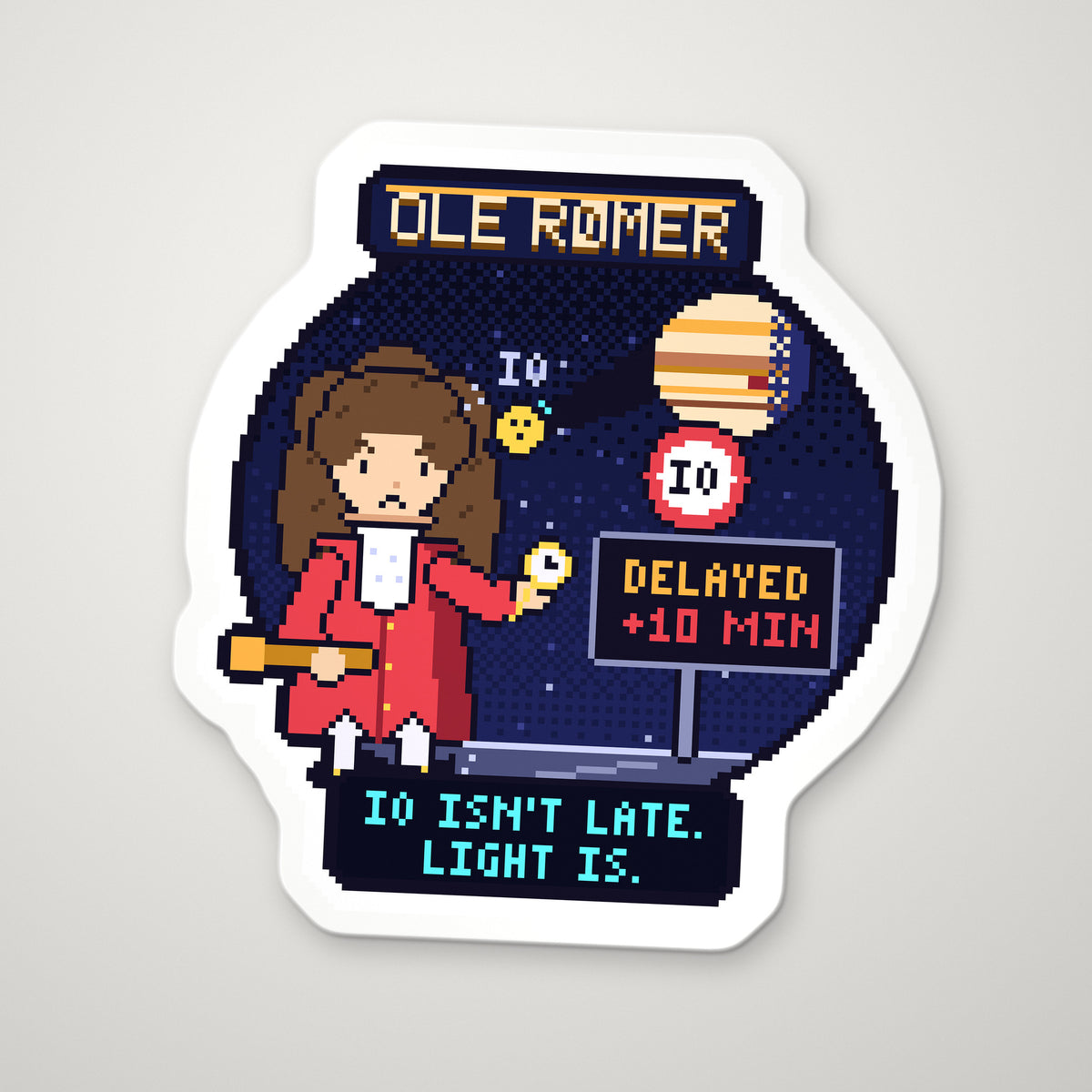 Ole Rømer pixel-art physics sticker – the speed of light