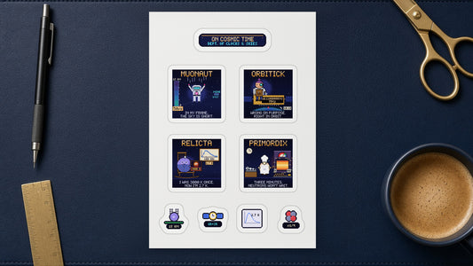 On Cosmic Time white A5 sticker sheet of navy pixel-art stickers on a desk