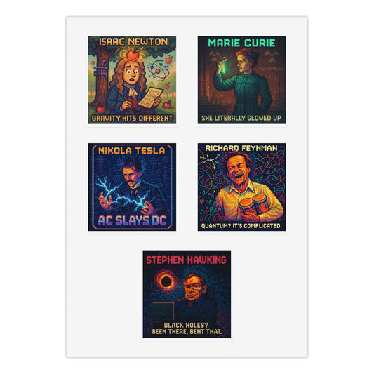 The Physicists sticker sheet: pixel-art stickers of Newton, Curie, Tesla, Feynman and Hawking on one white A5 sheet