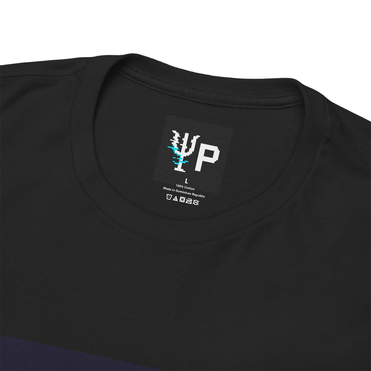 Pixelated Physics neck label inside the black Anti-Matter Entity physics T-shirt
