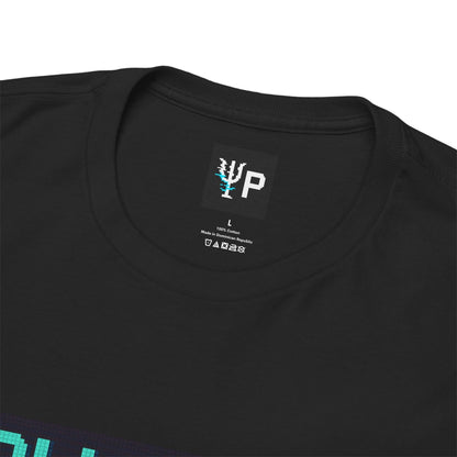 Pixelated Physics neck label inside the black Collapsea physics T-shirt