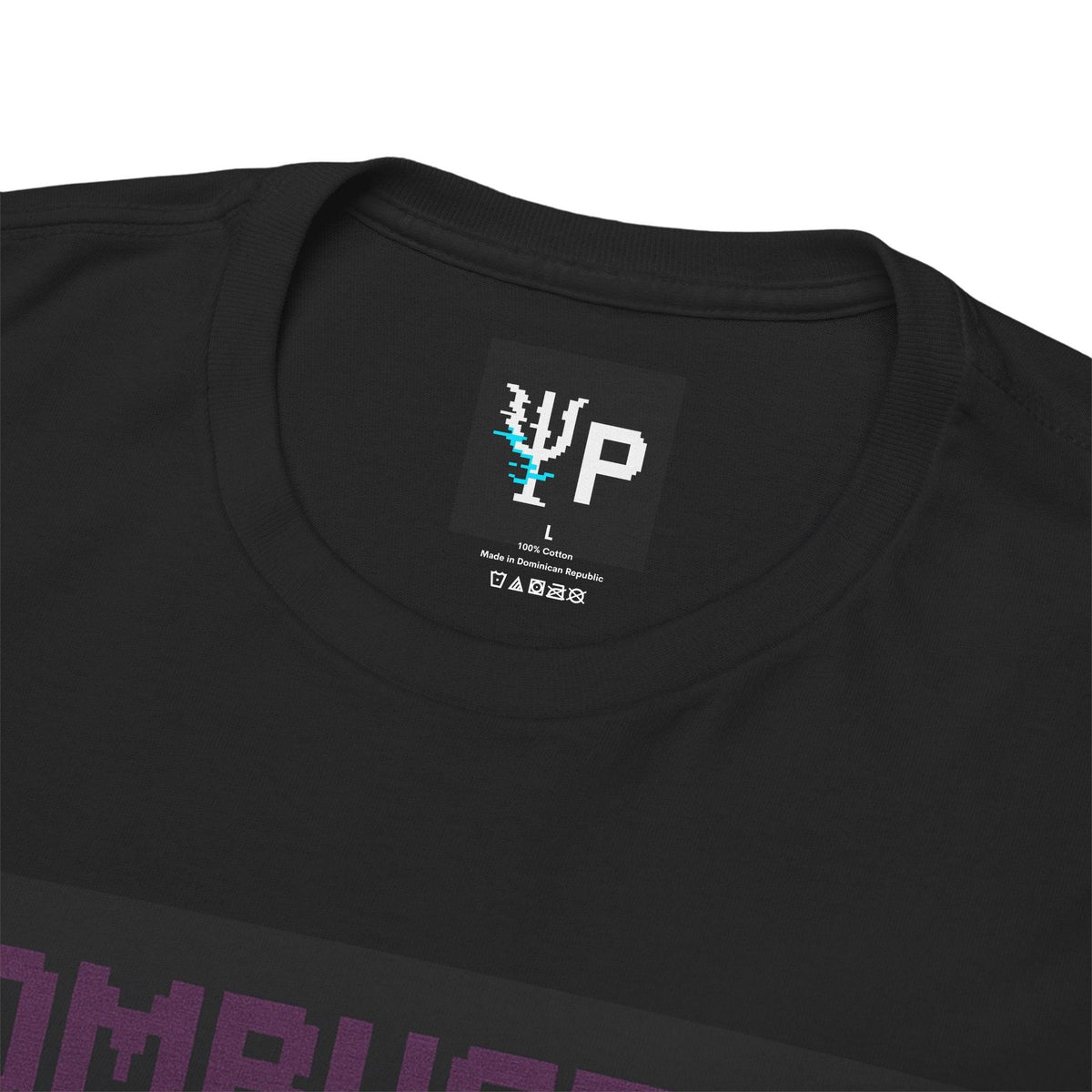 Pixelated Physics neck label inside the black Combustor physics T-shirt