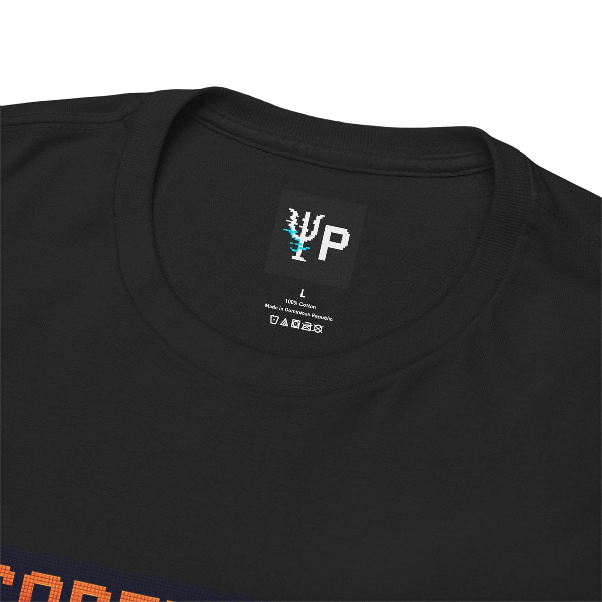 Pixelated Physics neck label inside the black Corekeeper physics T-shirt