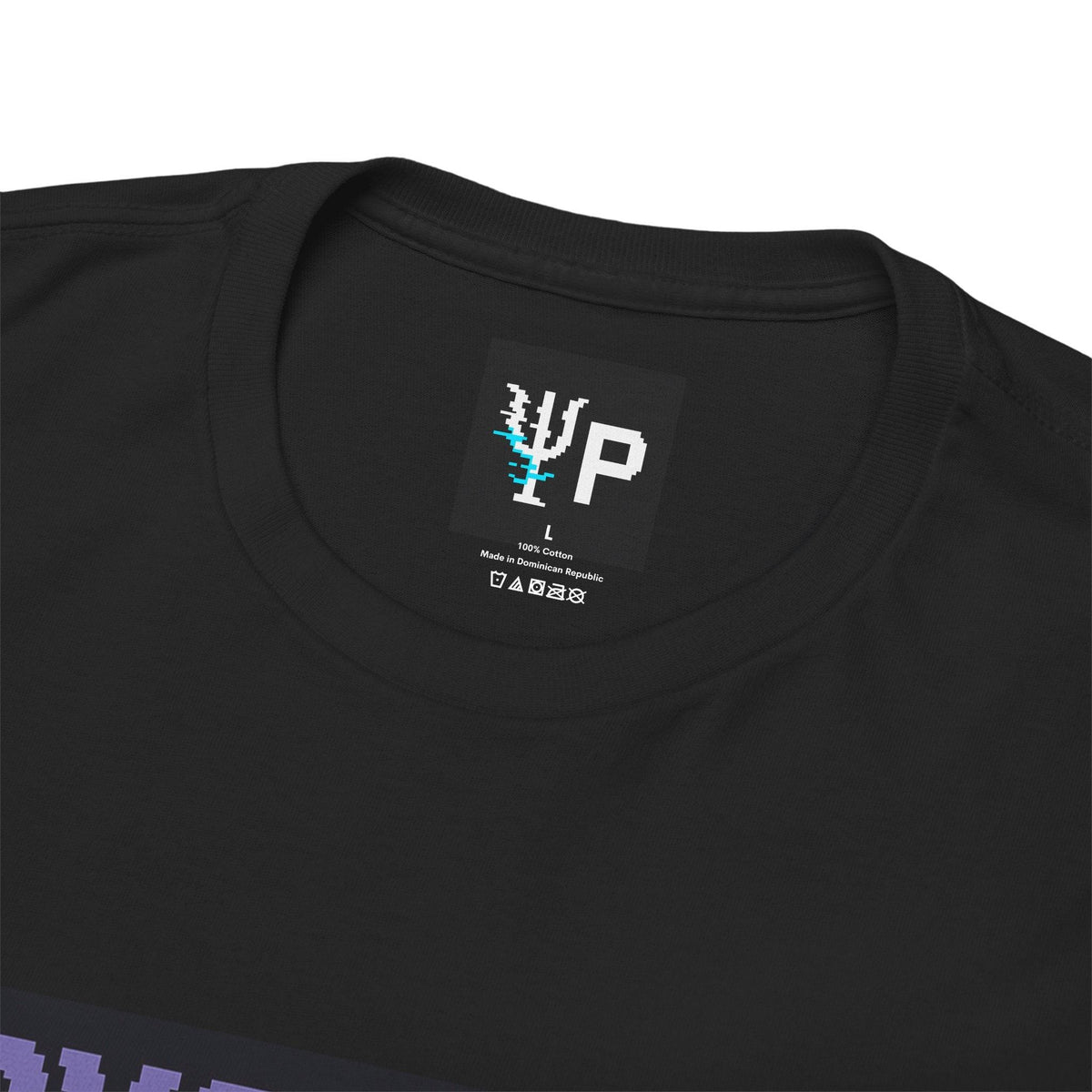 Pixelated Physics neck label inside the black Cryo Fault physics T-shirt
