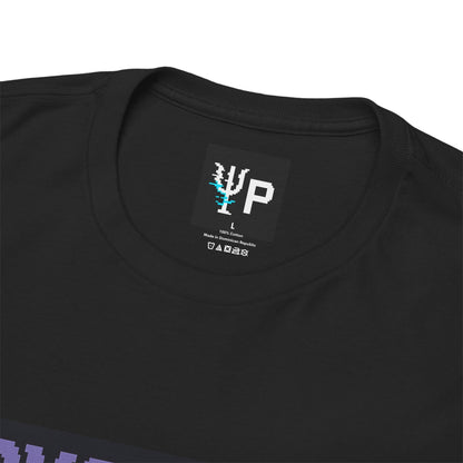 Pixelated Physics neck label inside the black Cryo Fault physics T-shirt