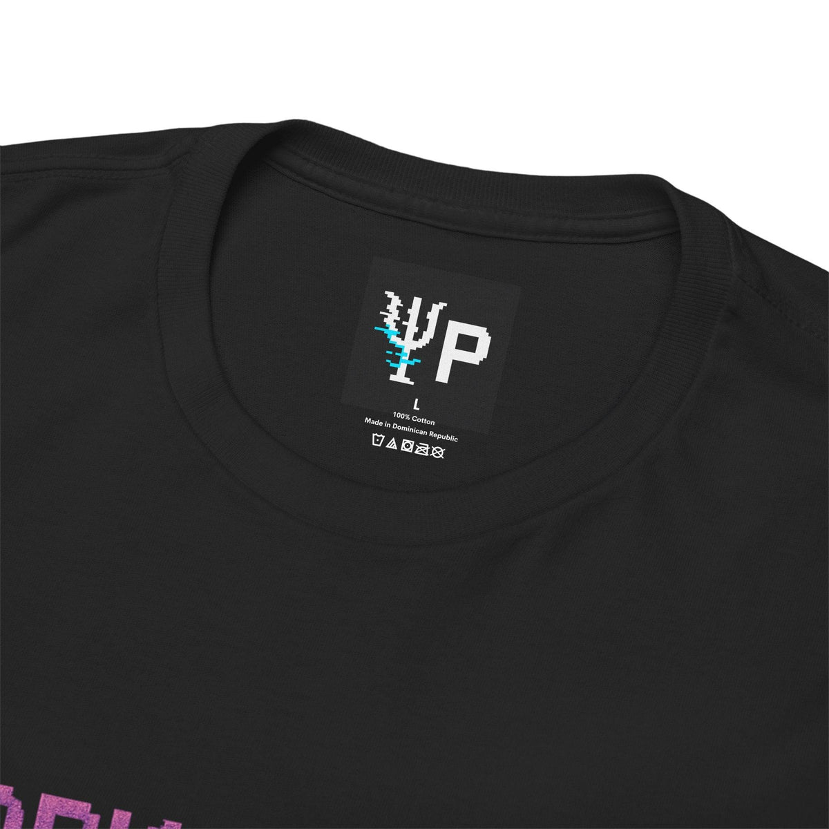 Pixelated Physics neck label inside the black Dark Matter Host physics T-shirt