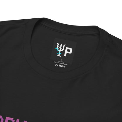 Pixelated Physics neck label inside the black Dark Matter Host physics T-shirt