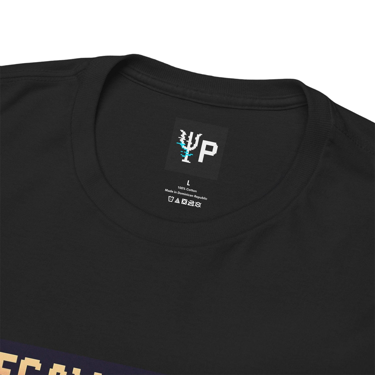 Pixelated Physics neck label inside the black Decay Dancer physics T-shirt